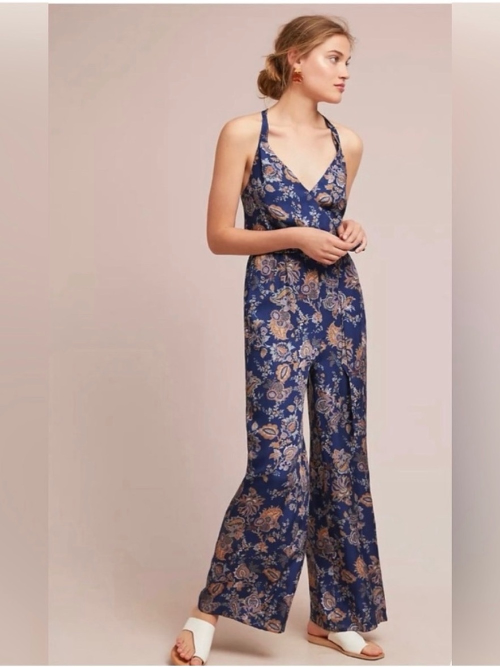Anthropologie Ett:Twa navy floral wide leg jumpsuit, petite large